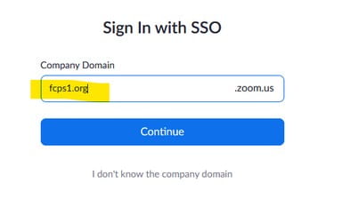 zoom company domain page showing fcps1-org filled in, Continue button is shown also