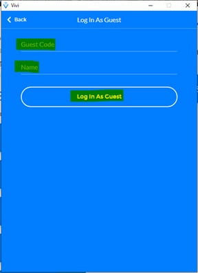 vivi screen showing guest code field, name field, and button to log in as guest